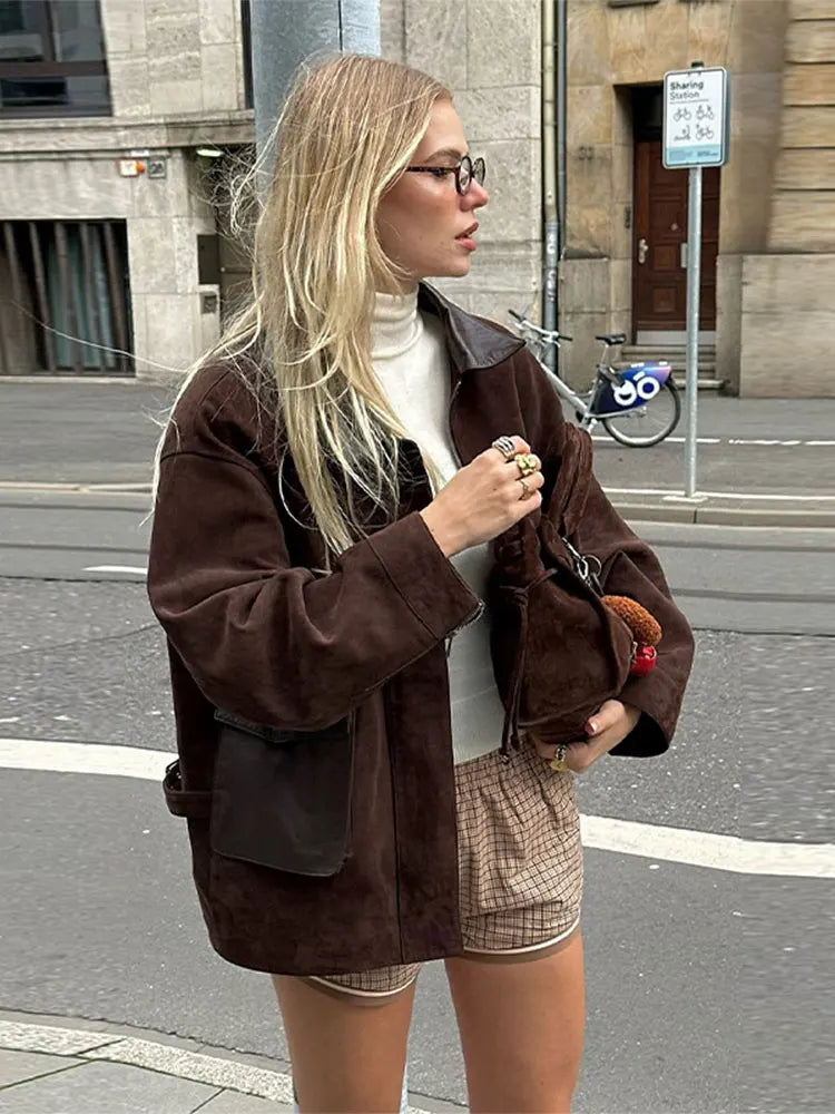 Fashion Lady Lapel Collar Pocket Woolen Short Coats Vintage Long Sleeve Solid Loose Women's Jackets Warm Winter Streetwear