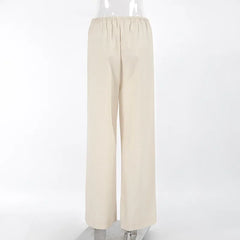 Cotton Linen Wide Leg Pants Women Fashion Elastic High Waist Pockets Casual Loose Trousers Streetwear Summer Vacation Bottoms
