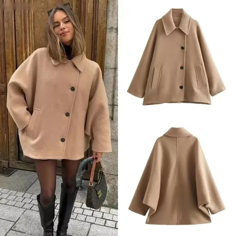 Diagonal Breasted Warm Loose Jacket Women Lapel Double Pocket Batwing Sleeve Solid Coats Winter Female Chic Vintage Outwear