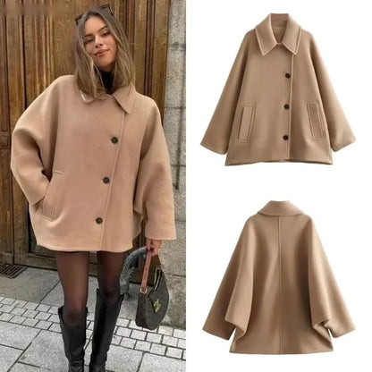 Diagonal Breasted Warm Loose Jacket Women Lapel Double Pocket Batwing Sleeve Solid Coats Winter Female Chic Vintage Outwear