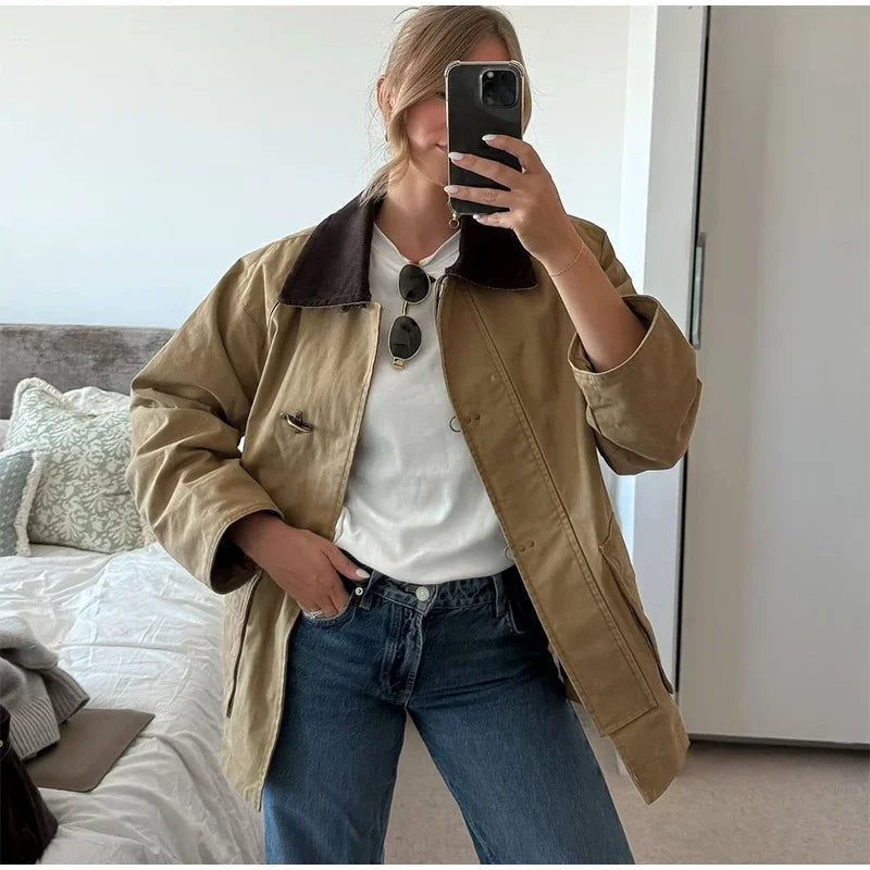 Patchwork Contrast Women Jacket Single Breasted Lapel Female Jackets Autumn Winter Fashion Locomotive Lady Outwear