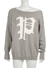 Vintage Off Shoulder Printed Letter Sweater Loose Chic Y2k Aesthetic Slash Neck Pullover Harajuku Long Sleeve Knitwear
