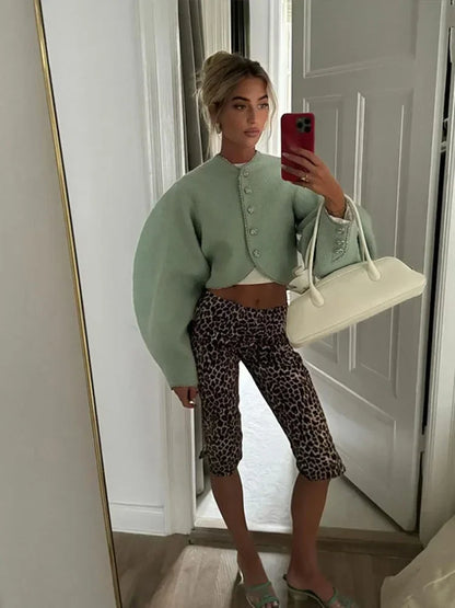 Fashion Oversize O-neck Solid Cropped Coat Women Single Breasted Long Sleeves Casual Jacket Autumn Lady Street Commute Outerwear