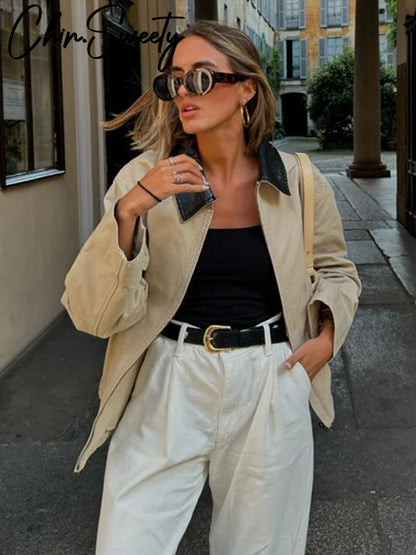 Casual Contrast Women Jacket Full Sleeve Zipper Pocket Female Patchwork Coat Vintage Urban Autumn Lady Outwear