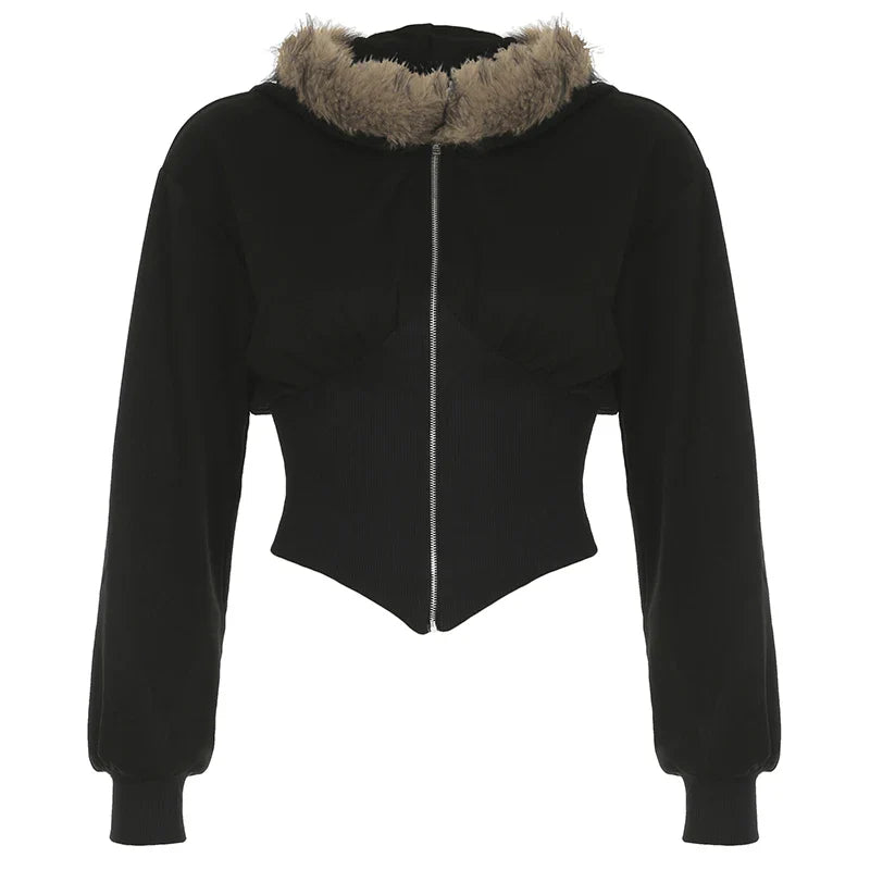 Y2K Fur Trim Hoodie Cardigan Women Basic Black Slim Cropped Jacket 90s Vintage Winter Zipper Coat Harajuku Streetwear