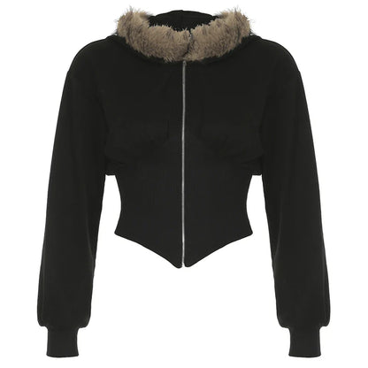 Y2K Fur Trim Hoodie Cardigan Women Basic Black Slim Cropped Jacket 90s Vintage Winter Zipper Coat Harajuku Streetwear