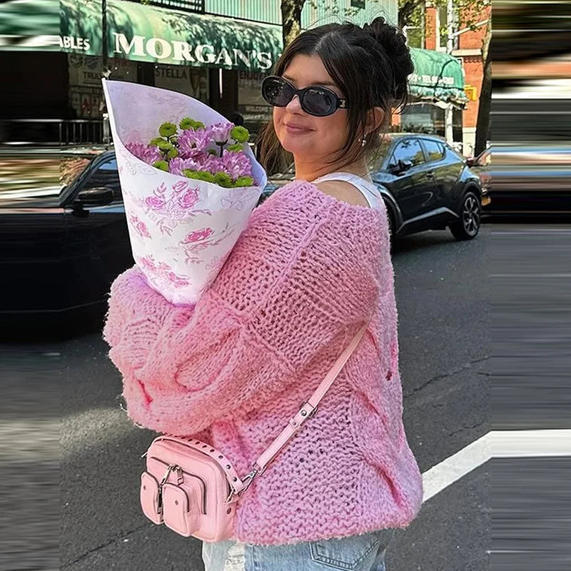 Vintage Knit Women Sweaters Lazy O-neck Full Sleeves Twist Female Pullover Autumn Winter Casual Oversize Lady Knitwear Tops