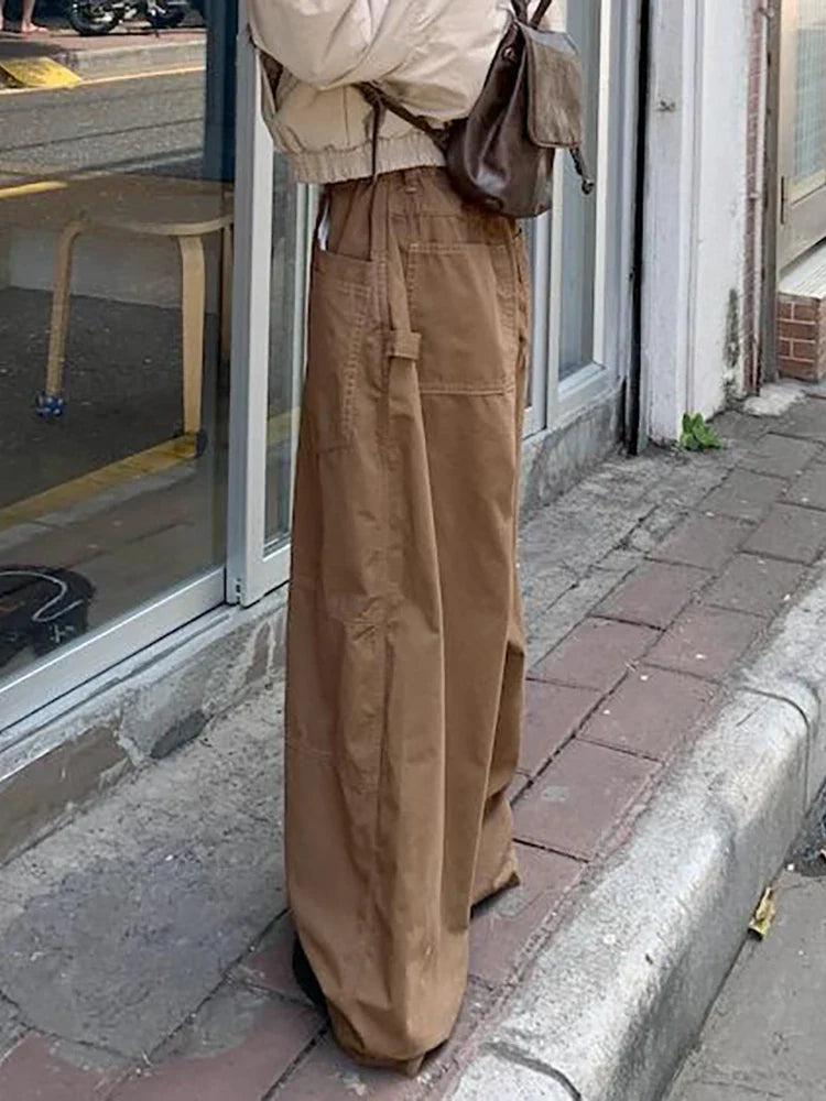 Women Plain Spliced Wide Leg Cargo Pants Big Pockets Drawstring Low Waist Loose Draped Sweatpants Lounge Casual Streetwear