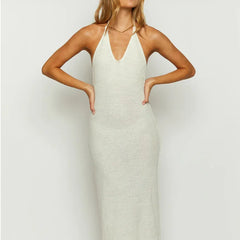 Summer beach vacation Long dress for women sexy lace-up cut-out halter knit dress for women V-neck Backless