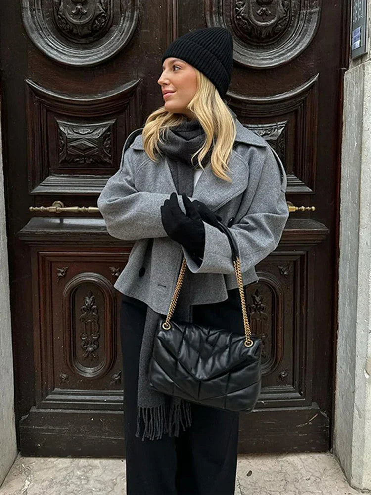 Elegant Single Breasted Woolen Women Coat Loose Lapel Long Sleeve Female Short Jacket Autumn Winter New Grey Lady Outwear