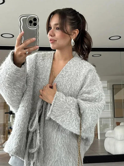 Fashion Women Lace Up Mohair Cardigan Elegant Women's V Neck Long Sleeves Short Coats Autumn Lady Commuting Warm Knit Outwears