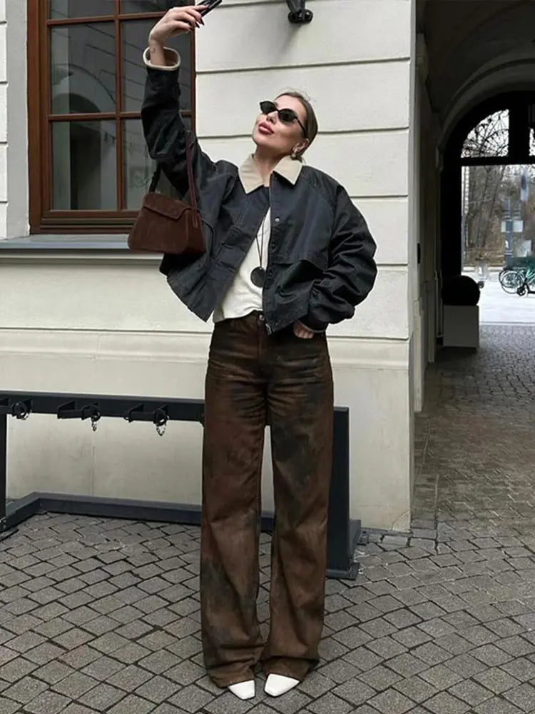 New Women's Cargo Jackets Vintage Long Sleeve Patchwork Outwear With Pocket Street Style Punk Loose Casual Top Coats