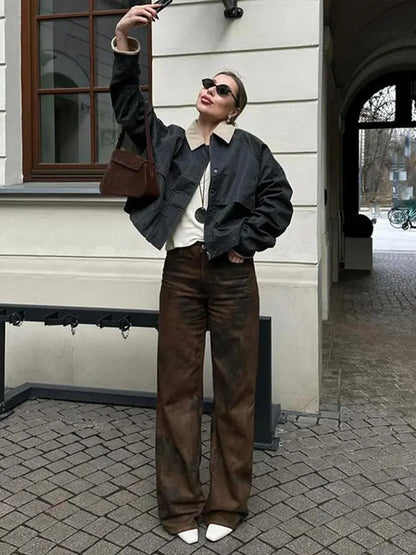 New Women's Cargo Jackets Vintage Long Sleeve Patchwork Outwear With Pocket Street Style Punk Loose Casual Top Coats