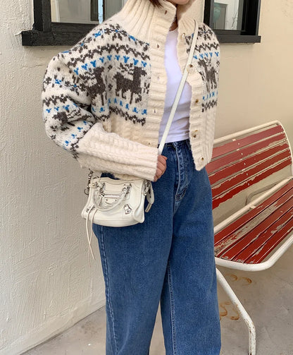 Retro Gentle Style Stand Collar Single Breasted Christmas Knitted Top Elk Jacquard Long Sleeve Sweater Jacket Cropped Cardigan