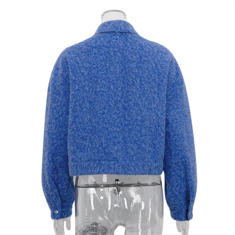 Autumn Winter Blue Short Woolen Jacket for Women Lapel Long Sleeve Button Up Warm Coat Female Casual Streetwear Tops