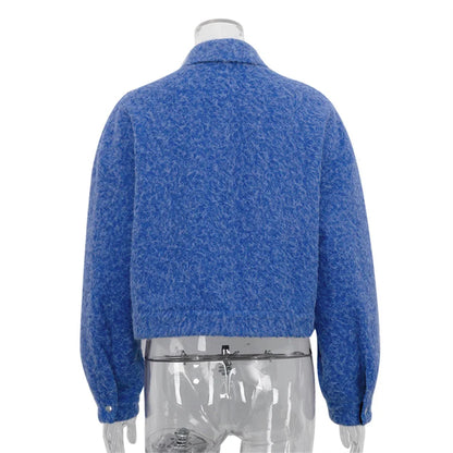 Autumn Winter Blue Short Woolen Jacket for Women Lapel Long Sleeve Button Up Warm Coat Female Casual Streetwear Tops