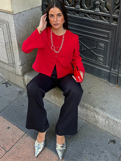 Elegant Slim Fit Women's Jacket Round Neck Single Breasted Long Sleeve Short Jackets Fashion Solid Color Casual Coat Outerwears