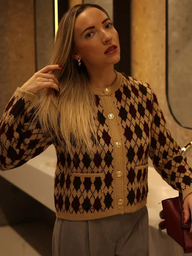 Check Plaid Knitted Cardigans Women Single Breasted Casual Loose Elegant Sweaters Long Sleeve Chic Coats 2024 Winter Lady Tops