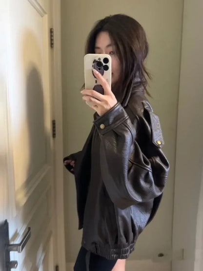 Sweet Hot Girl PU Leather Jacket Short Coat Women's Autumn Retro Turn-down Collar Loose Leather Jacket Fashion Female Clothes