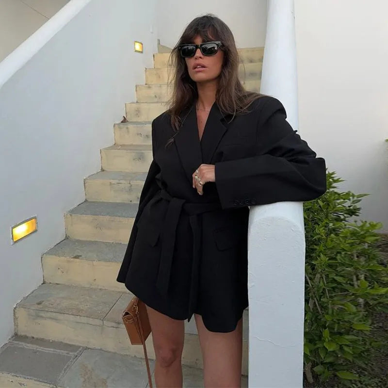 Women's Loose Waist Cinching Belt Full Sleeve Jacket Female Tailored Coat 2025 Chic Retro Elegant Lapel Suit Jackets Streetwear