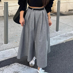 Retro Chic High Waist Gray Elegant Women Skirt Solid Color Zipper Pleat Long Skirt Fashion Office Lady Woman Clothing 2025 New