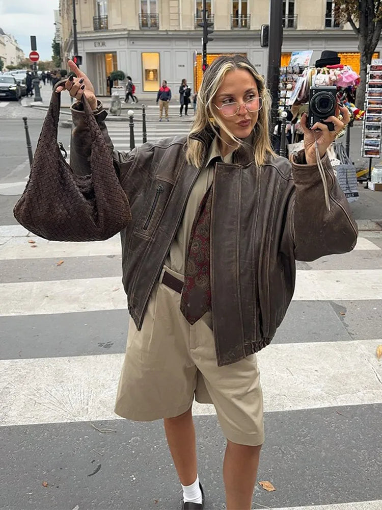 Vintage New Solid Color Lapel Women's Jackets Fashion Pocket Long Sleeved Zipper Coats Office Commuting Ladies Streetwears