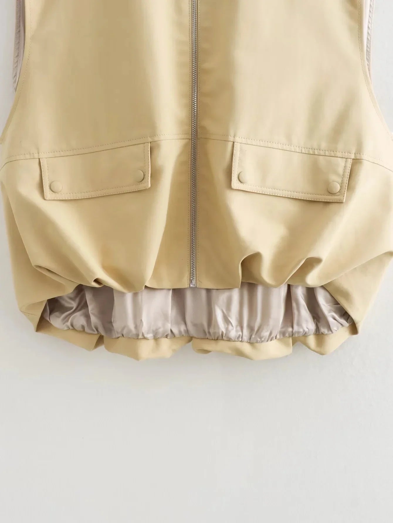 Padded Beige Waistcoat Folds Winter Sleeveless Vest Coat Turtleneck Pockets Zipper Autumn Thick Warm Parka Jacket