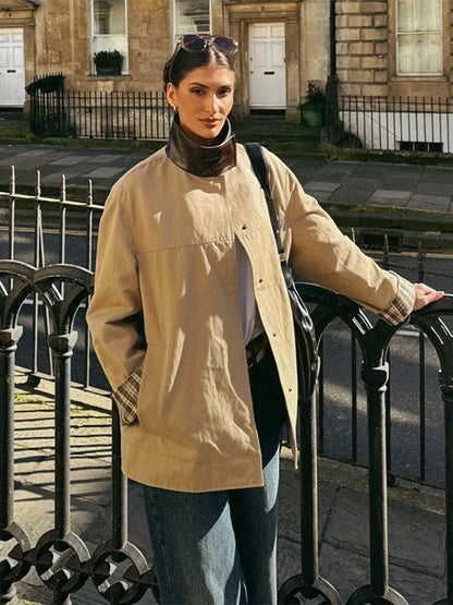 Leather Collar Cargo Jacket Button Down Plaid Pattern Patchwork Jackets Vintage Contrast Color Trench Coat Loose Casual Outwear