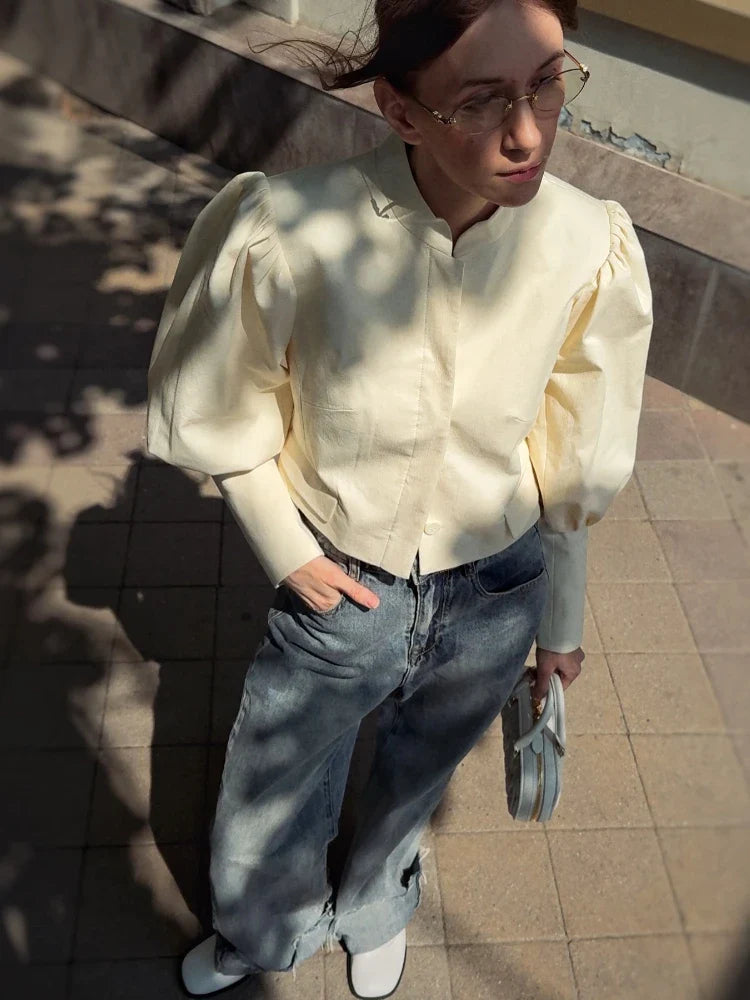 Retro Solid Stand Collar Short Shirt Women Elegant Single Breasted Puffy Sleeve Shirts Coat Lady Versatile Chic Streetwear
