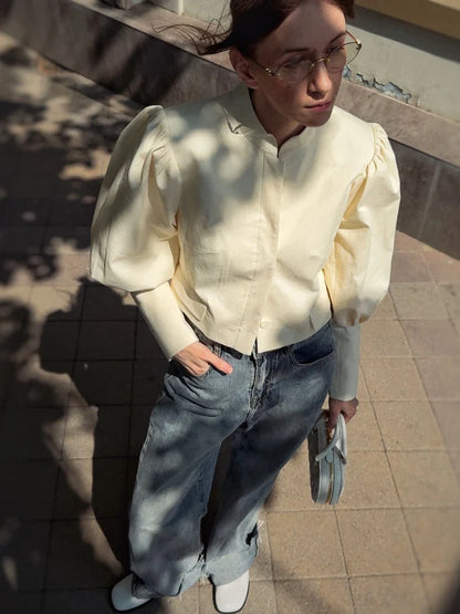 Retro Solid Stand Collar Short Shirt Women Elegant Single Breasted Puffy Sleeve Shirts Coat Lady Versatile Chic Streetwear