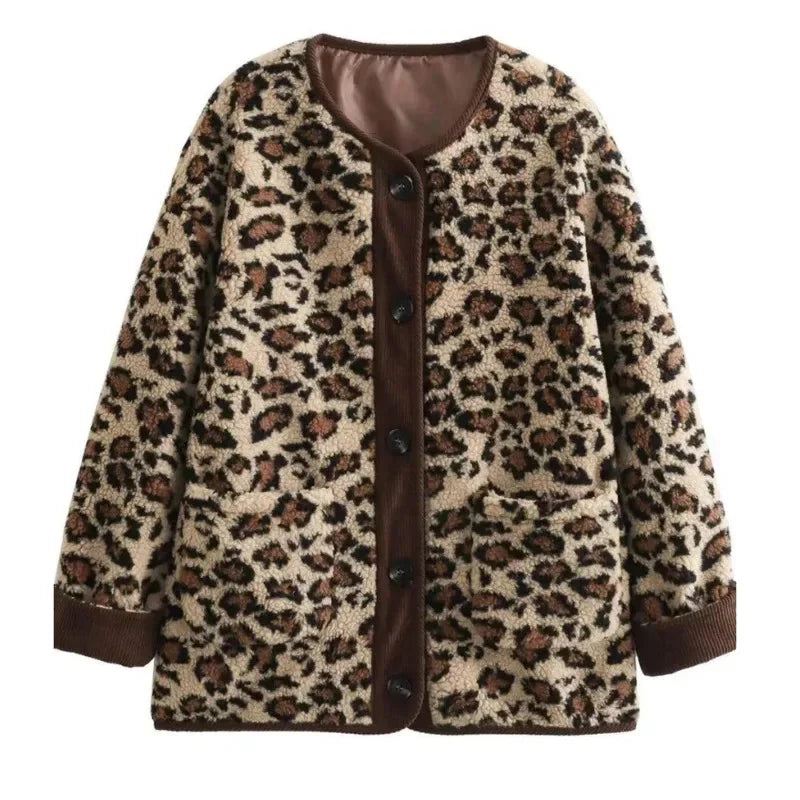 Vintage Leopard Print Single Breasted Jacket Women Elegant O Neck Long Sleeves Pocket Coat New Fashion Lady Warm Outerwear
