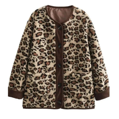 Vintage Leopard Print Single Breasted Jacket Women Elegant O Neck Long Sleeves Pocket Coat New Fashion Lady Warm Outerwear
