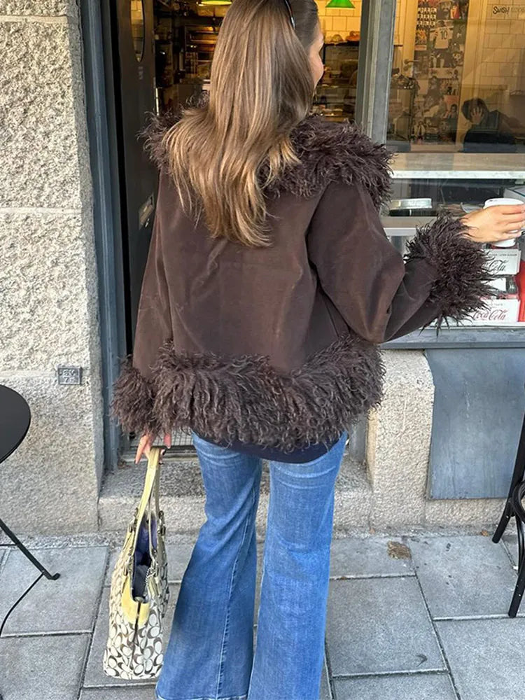 Elegant Coffee Solid Fur Patchwork Cardigan Jacket For Women Fashion Long Sleeve Warm Loose Coats Lady High Streetwear New