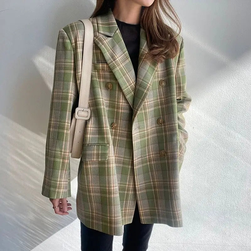 Blazer Double Breasted Plaid For Lapel Women Vintage 2024 Spring Chic Notched Collar Loose Female Suit Jackets