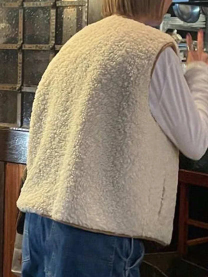 Winter New Solid Fleece Vest Jacket Women 2025 Round Neck Lace-up Sleeveless Jackets Simple Casual Fashion Waistcoat Outerwear