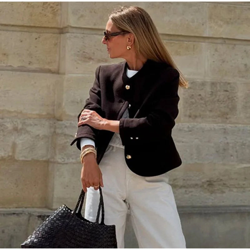 Elegant Solid O-neck Plush Short Coats Women Retro Slim Fit Single Breasted Jackets Female New Spring Chic Office Outwear