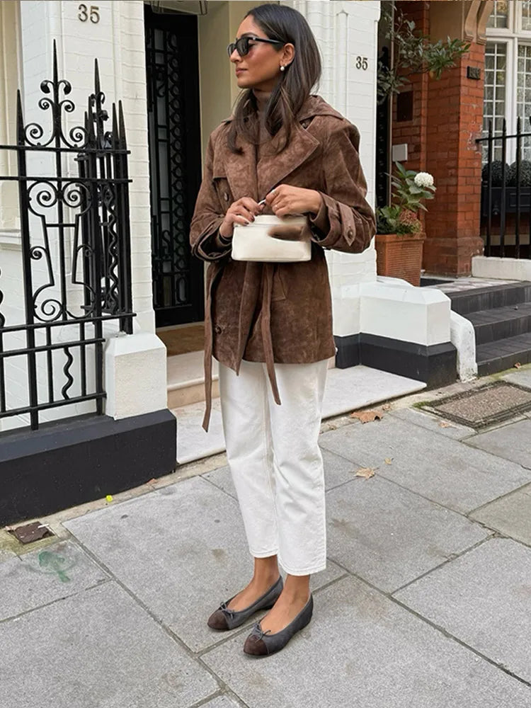 Autumn Fashion Lace Up Lapel Collar Suede Jacket Women Retro Double Breasted Long Sleeve Coat Lady Vintage Chic Windbreaker