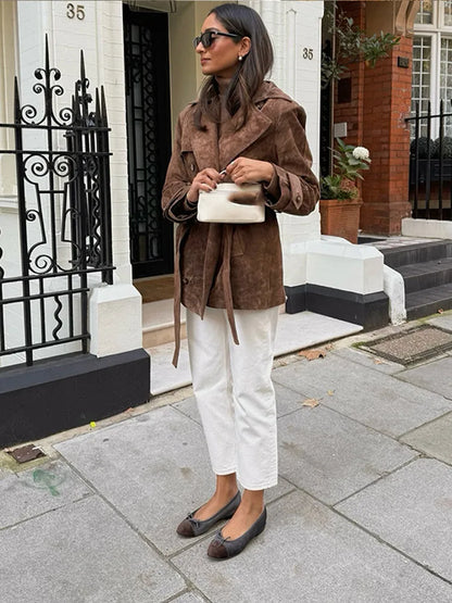 Autumn Fashion Lace Up Lapel Collar Suede Jacket Women Retro Double Breasted Long Sleeve Coat Lady Vintage Chic Windbreaker