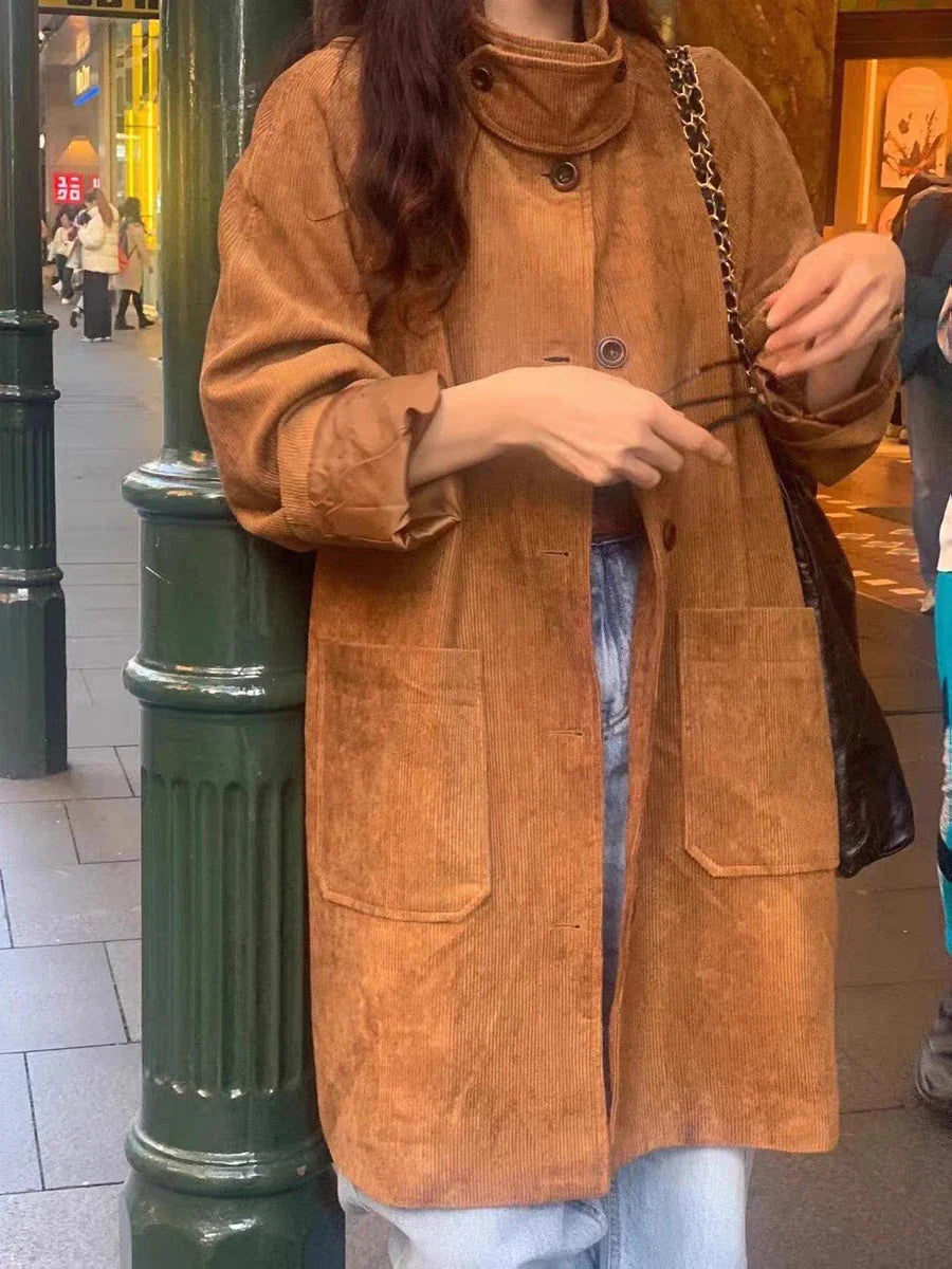 Solid Color Corduroy Trench Coat Women Autumn Winter Single Breasted Stand Collar Long Outerwear Vintage Fashion Jacket