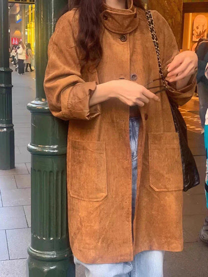 Solid Color Corduroy Trench Coat Women Autumn Winter Single Breasted Stand Collar Long Outerwear Vintage Fashion Jacket