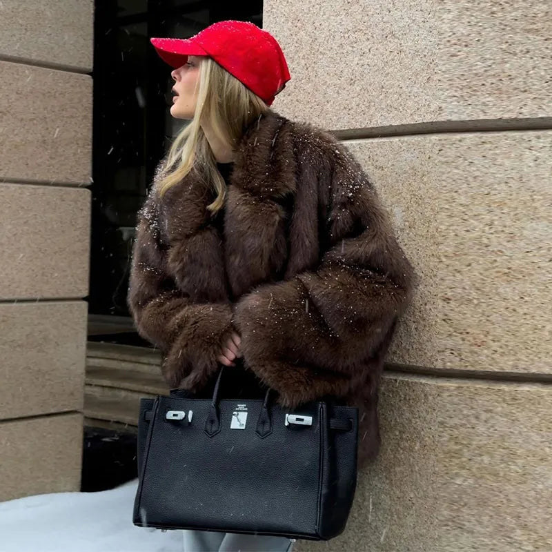 Furffy Thicken Jackets Women Faux Fur Loose Lapel Long Sleeves Warm Coats Female Winter Fashion Solid Soft Outwears Lady