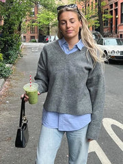 V-neck Pullover Woman Loose Short Autumn Winter Solid Zippers Women's Sweater Soft Casual Knitwear Lady All-match Long Sleeve