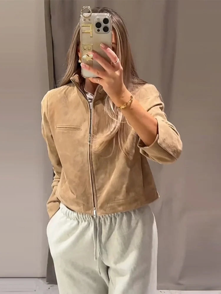 Stand Collar Suede Leather Jacket Coat Zipper Retro Long Sleeved Casual Biker Jackets Loose Fashion Front Shoulder Short Outwear