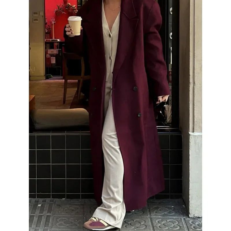 New Autumn Winter Women Burgundy Red Padded Shoulder Coats Fashion Double Breasted Casual Lapel Outerwear Female Street Overcoat
