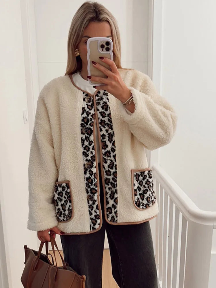 Casual Leopard Print Patchwork Lamb Wool Coat For Women Fashion Buttons Down O-neck Pockets Jacket Winter Warm Lady Chic Outwear