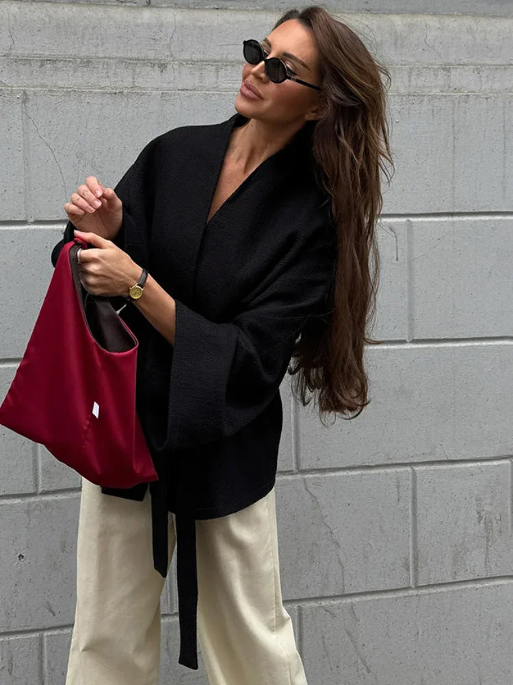 New Women's Black Lace Up Overcoats Autumn Chic Office Jackets Slim Fit Pleated Coat Elegant V-neck Commute For Lady Coats