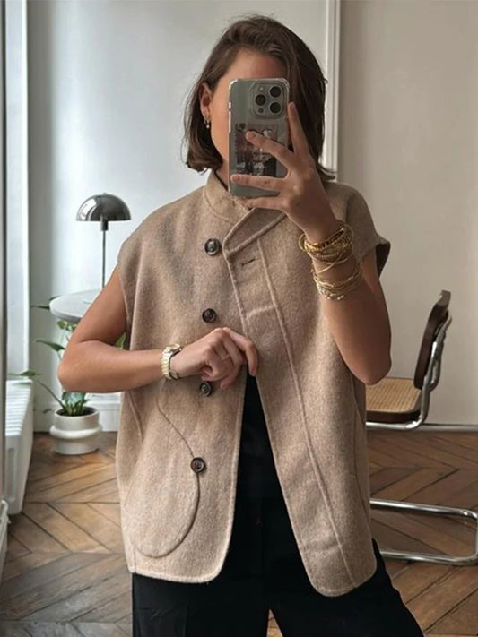 Solid Single Breasted Vest Women Fashion Thick Sleeveless O Neck Pockets Female Waistcoat 2024 Autumn All Match Lady Streetwear