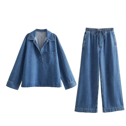 Denim Jacket Pants Set Outfits Women Autumn Winter Blue Pockets Loose 2 Pcs Set Casual Female Matching Set Retro