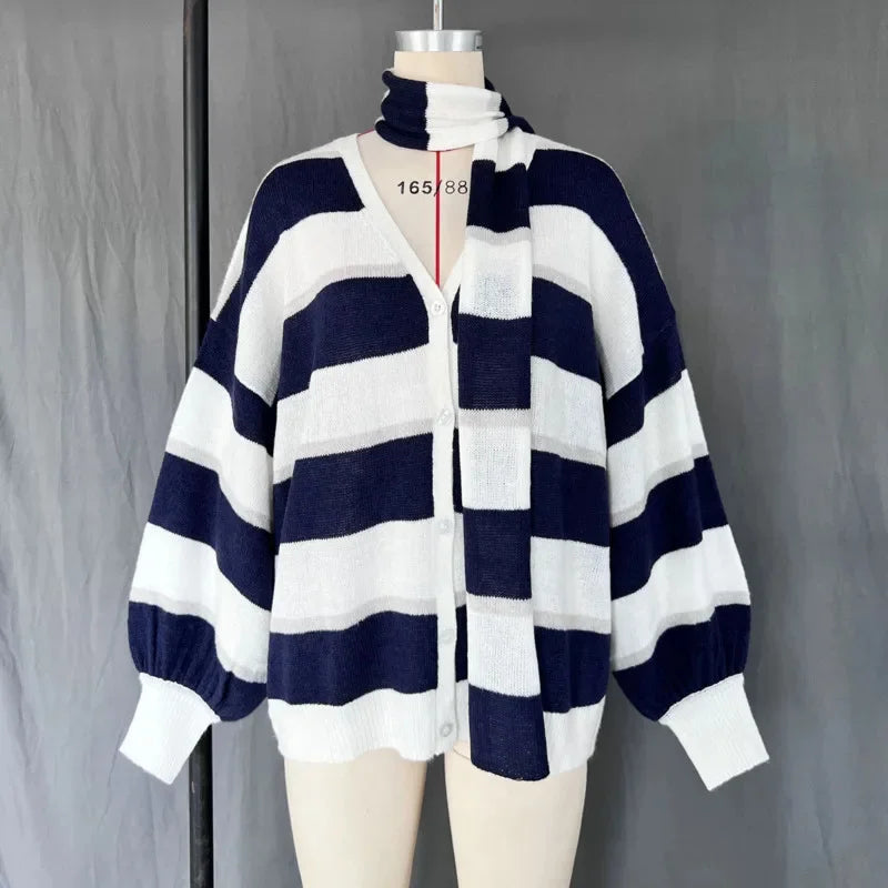 Striped Knit Sweater Cardigan With Scarf Women Casual V Neck Lantern Sleeve Coat Autumn Chic Contrast Lady Fashion Knitwear