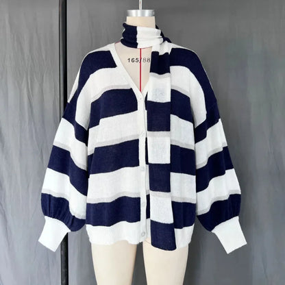 Striped Knit Sweater Cardigan With Scarf Women Casual V Neck Lantern Sleeve Coat Autumn Chic Contrast Lady Fashion Knitwear
